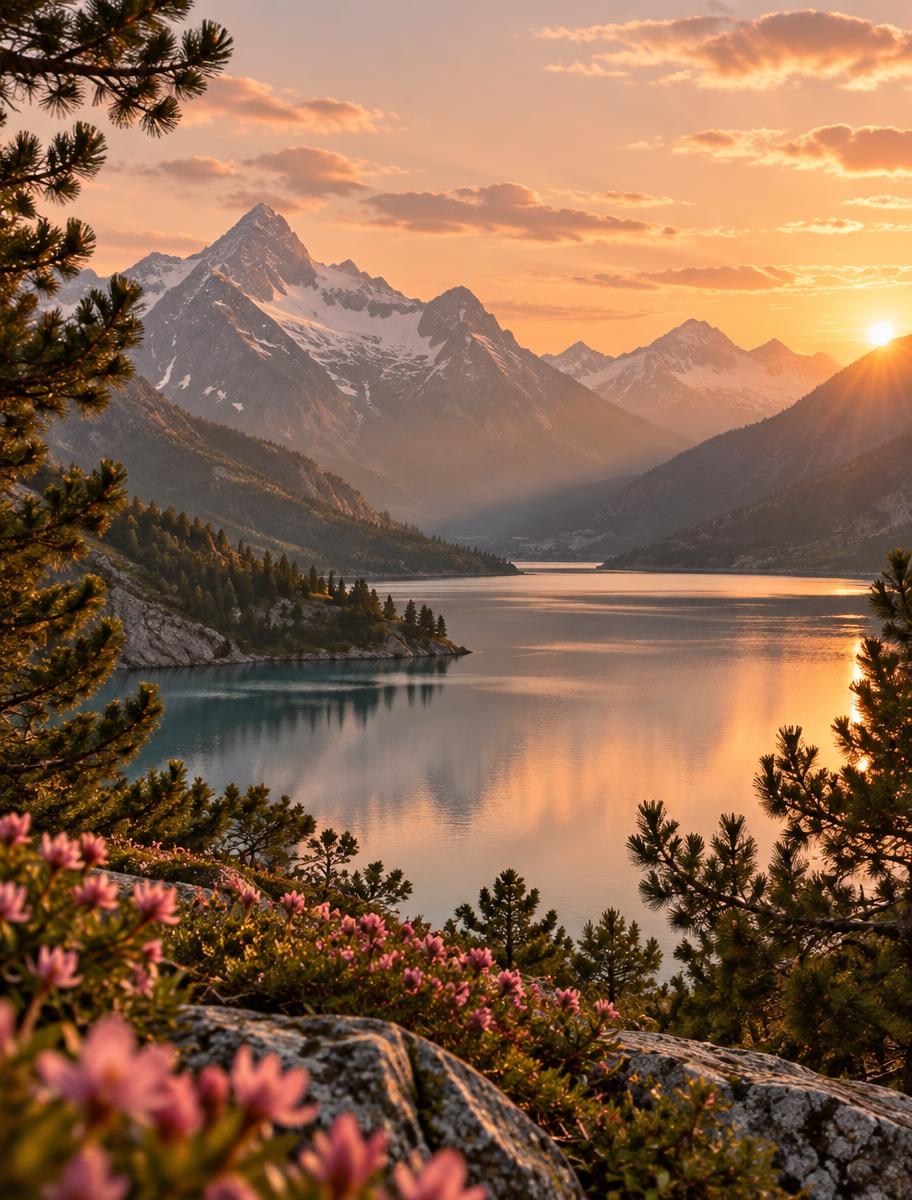 Schweizer Bergsee im warmen Abendlicht