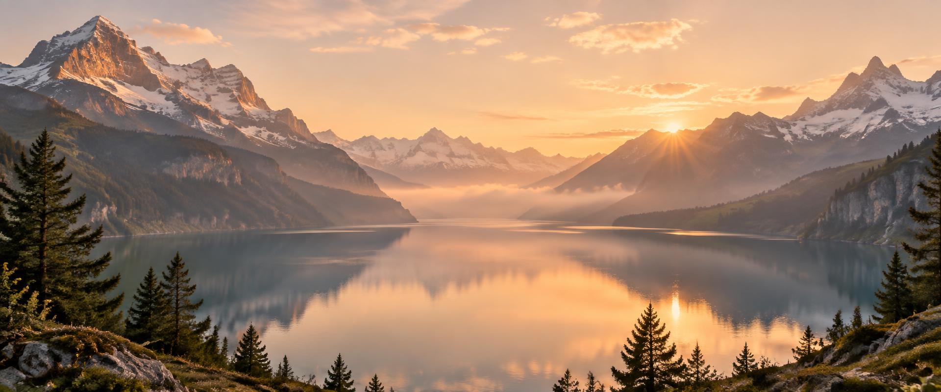 Weiter Schweizer Bergsee im goldenen Abendlicht