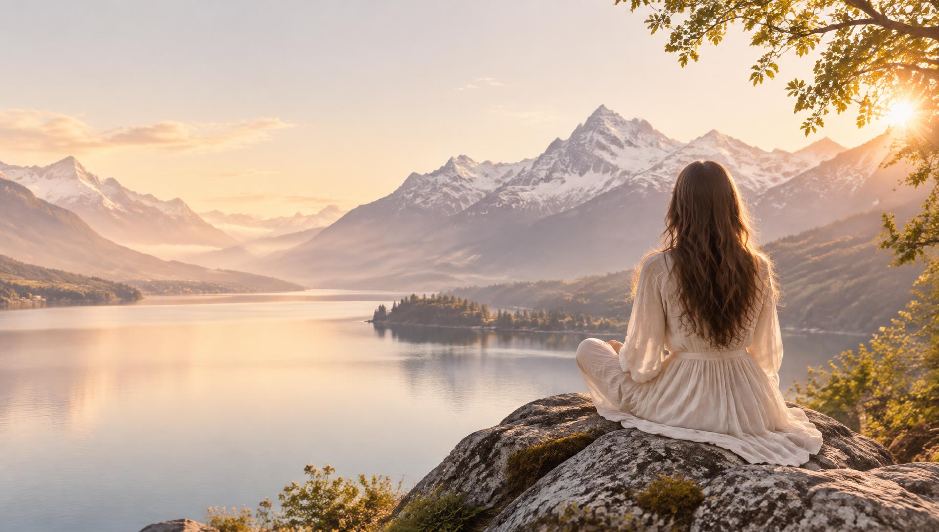 Frau blickt bei Sonnenaufgang über einen ruhigen Schweizer Bergsee