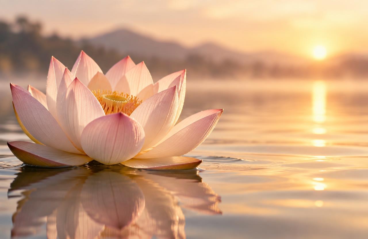 Rosafarbene Lotusblüte auf ruhigem Wasser